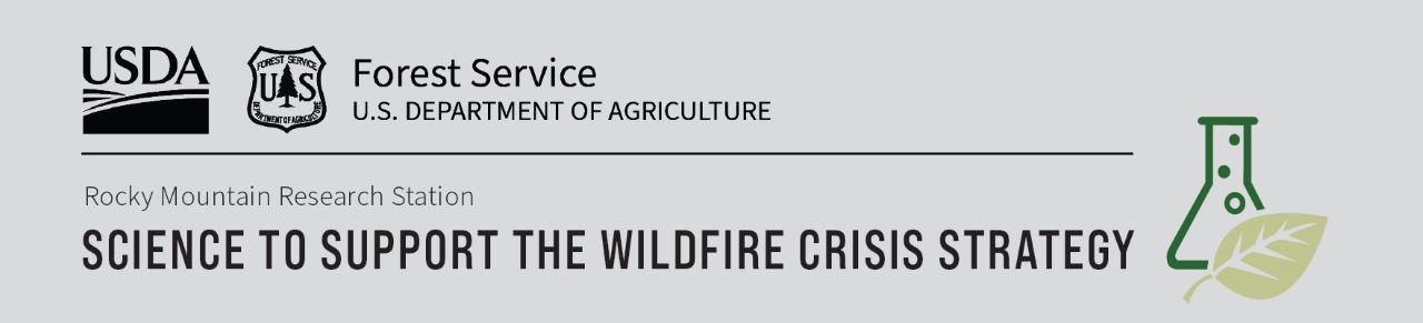 Banner that reads "Science to Support the Wildfire Crisis Strategy" by the USDA Forest Service Rocky Mountain Research Station