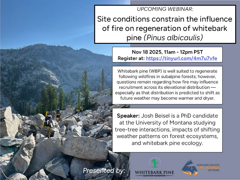 poster advertising a webinar with text on right side and photo of people hiking through boulders on the left