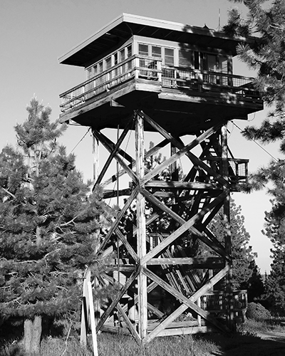 Black and white image of a fire tower